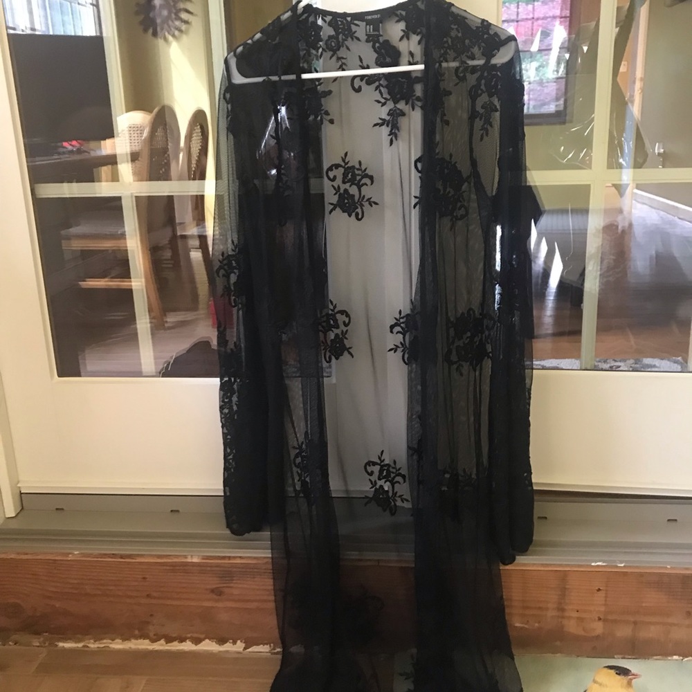 Black shear long shawl or kimono with lace detail